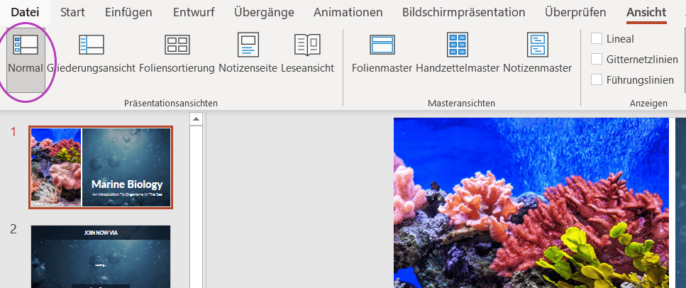 Ansicht der Notizen verändern